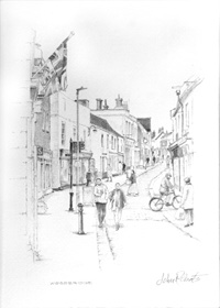 John Roberts - Original drawing of shopping street. Thoroughfare